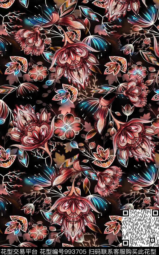 民族风抽象花卉数码印花华亿平台下载（图片编号: 993705） - 瓦栏（Walan）