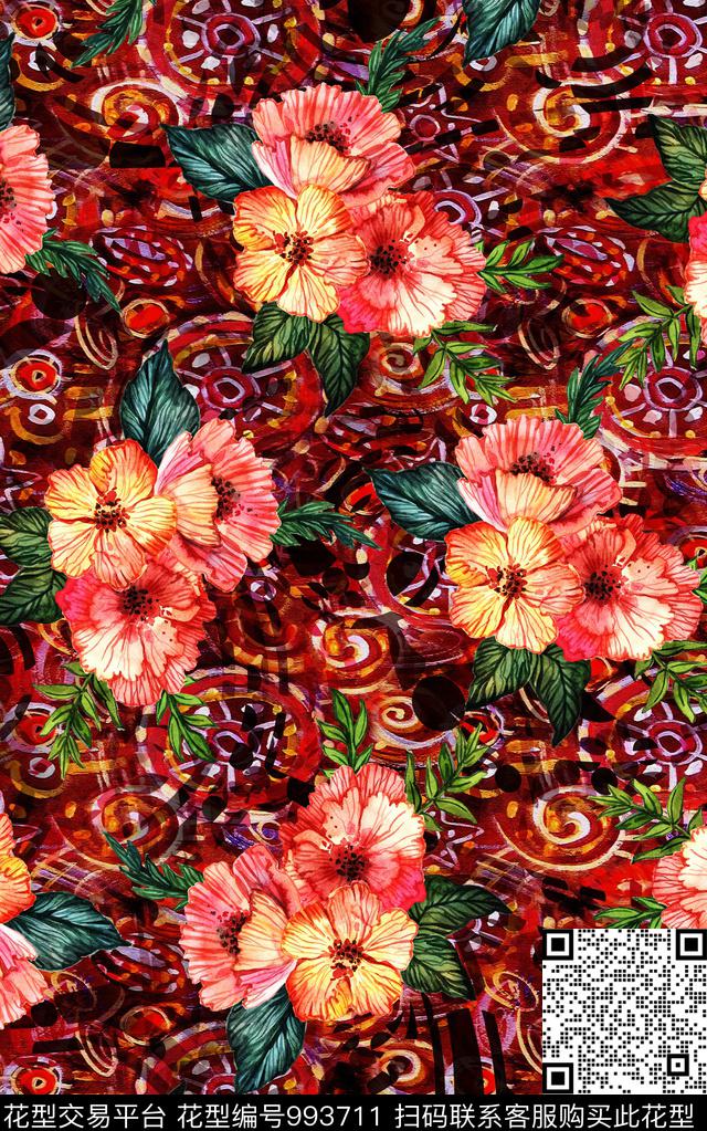 民族风抽象花卉数码印花华亿平台下载（图片编号: 993711） - 瓦栏（Walan）