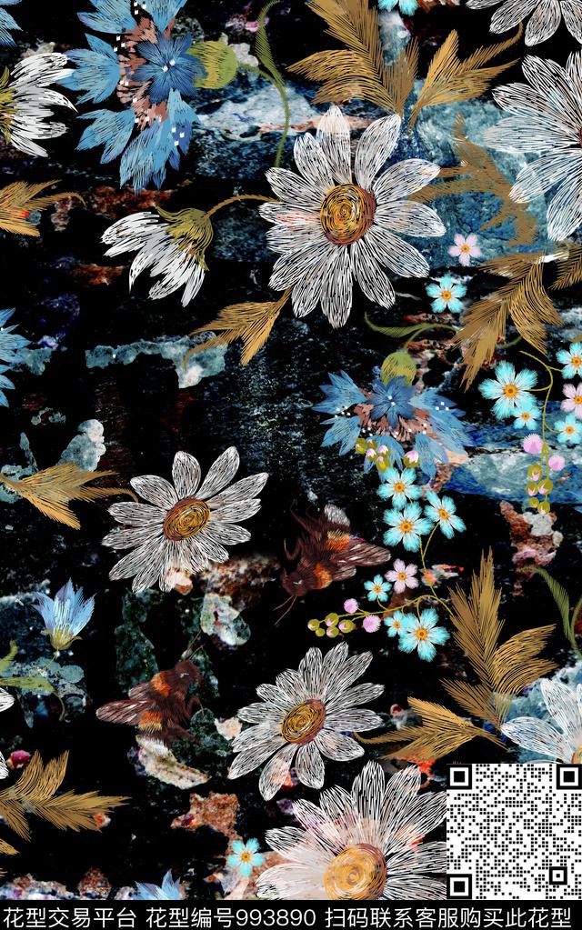 花卉复古绣花华亿平台数码印花华亿平台下载（图片编号: 993890） - 瓦栏（Walan）