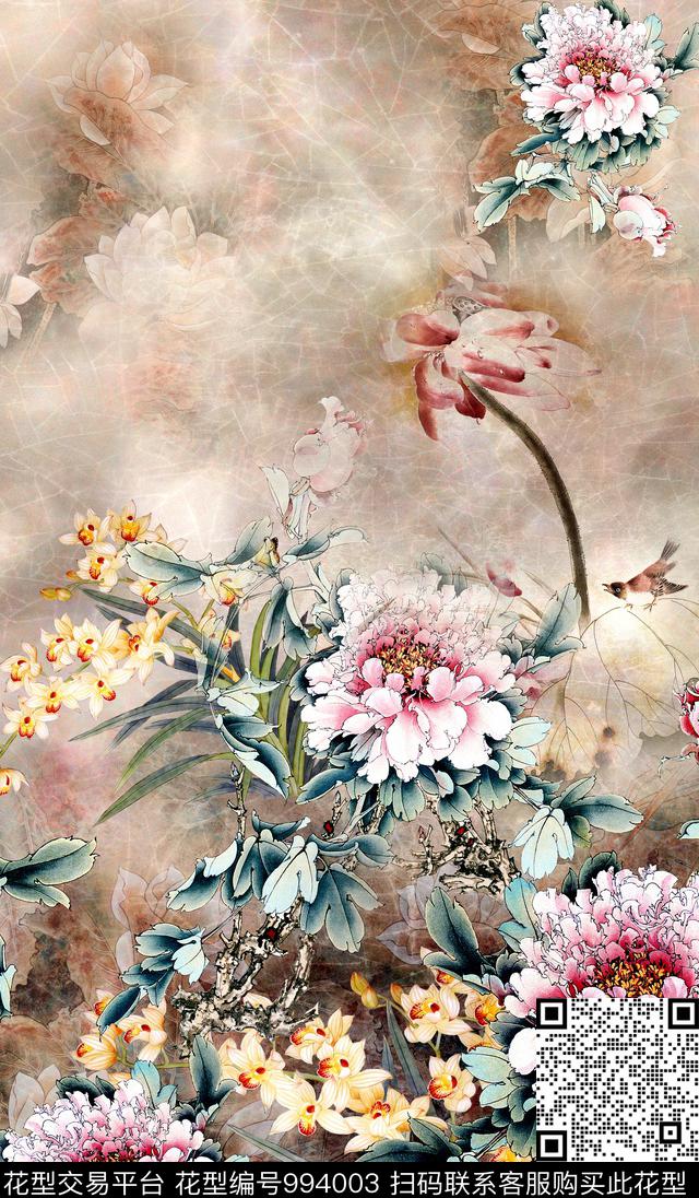 牡丹中国风定位花国画数码印花华亿平台下载（图片编号: 994003） - 瓦栏（Walan）