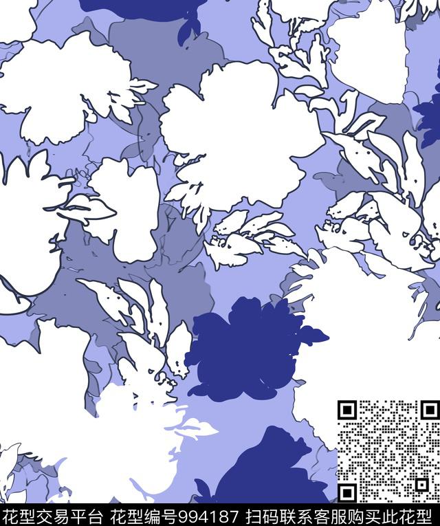 白底花大花抽象花卉数码印花华亿平台下载（图片编号: 994187） - 瓦栏（Walan）