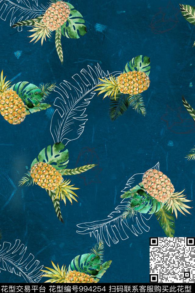 线条水果菠萝数码印花华亿平台下载（图片编号: 994254） - 瓦栏（Walan）