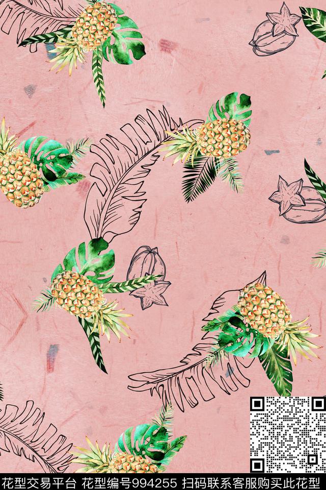 线条水果菠萝数码印花华亿平台下载（图片编号: 994255） - 瓦栏（Walan）