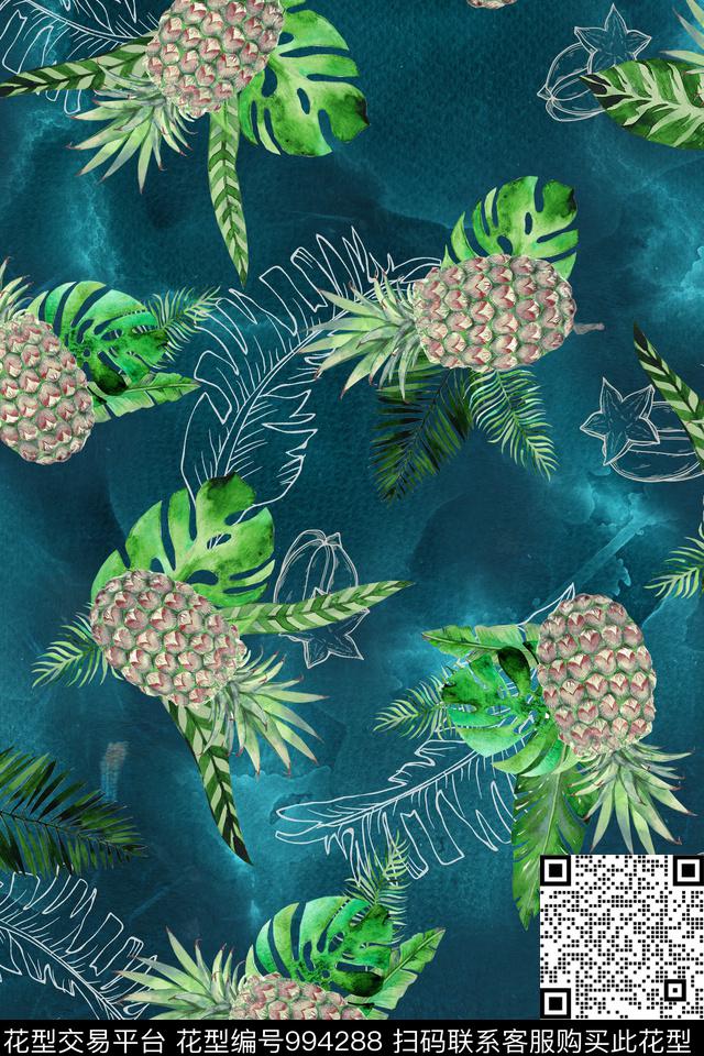 线条水果菠萝数码印花华亿平台下载（图片编号: 994288） - 瓦栏（Walan）