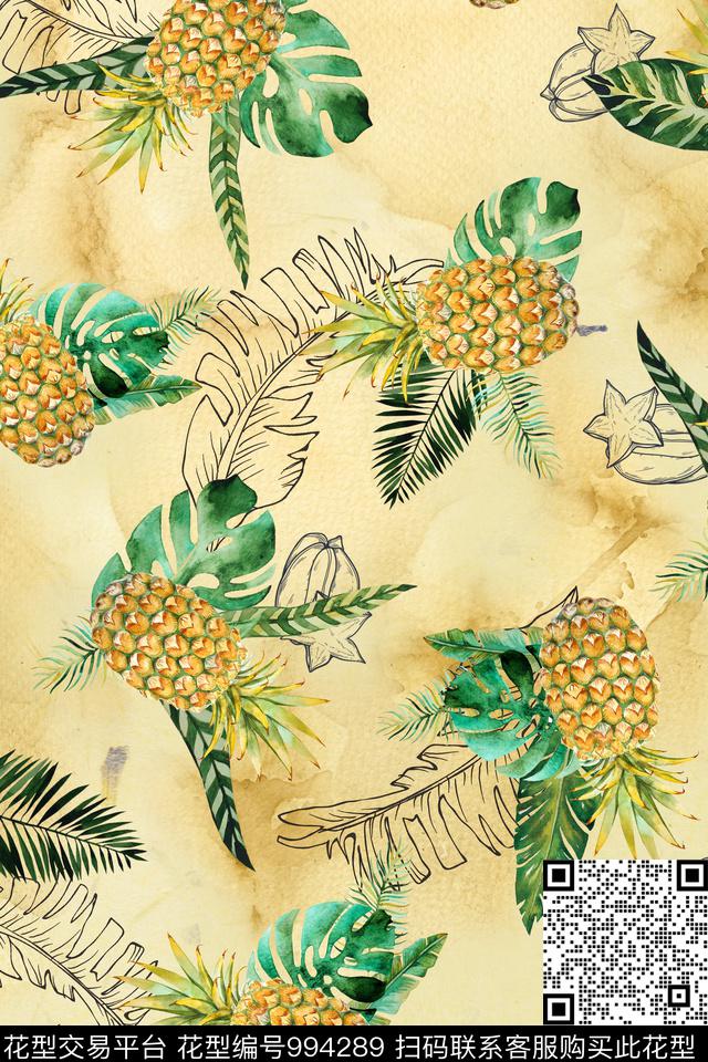 线条水果菠萝数码印花华亿平台下载（图片编号: 994289） - 瓦栏（Walan）