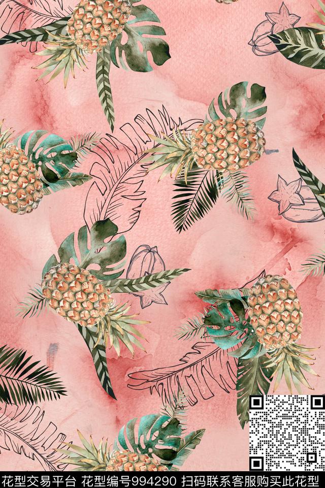 线条水果菠萝数码印花华亿平台下载（图片编号: 994290） - 瓦栏（Walan）