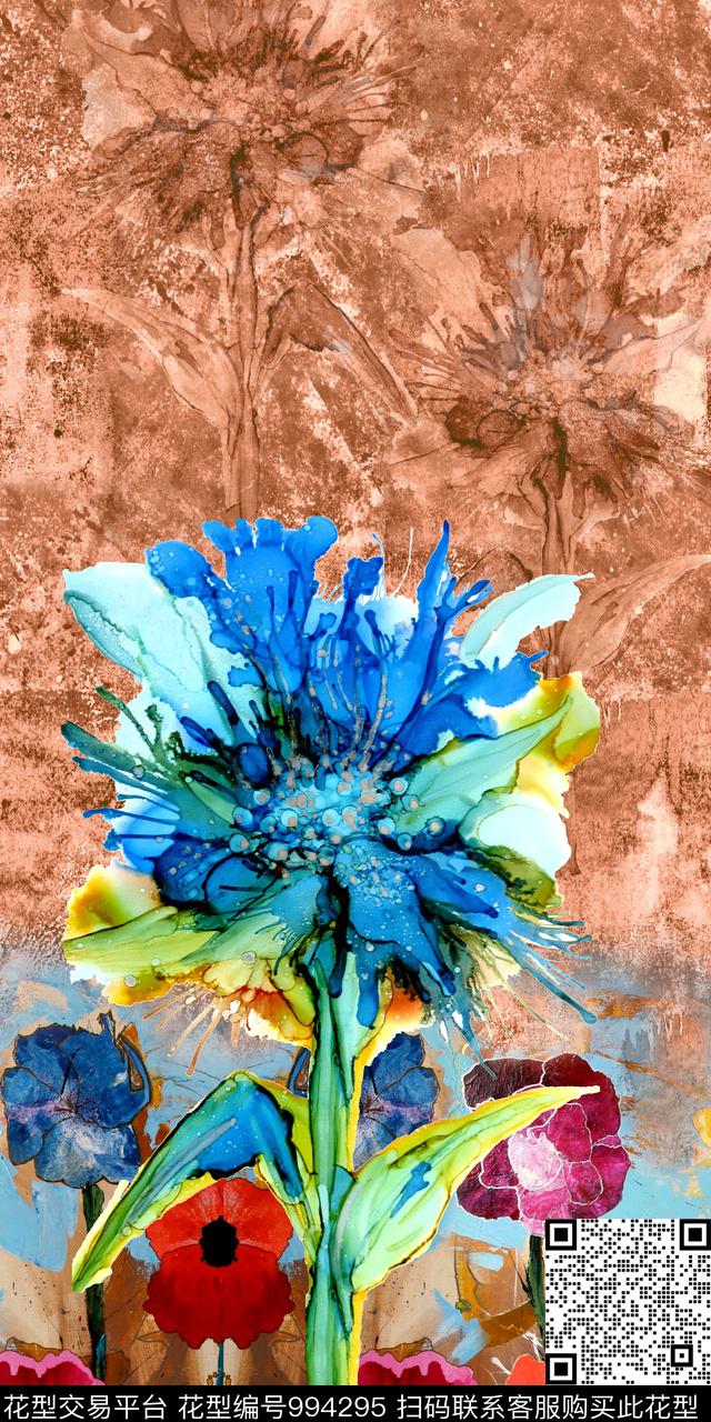 大花花卉水彩花卉数码印花华亿平台下载（图片编号: 994295） - 瓦栏（Walan）