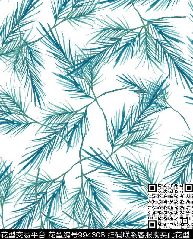 彩底花卉手绘叶子植物数码印花华亿平台下载（图片编号: 994308） - 瓦栏（Walan）