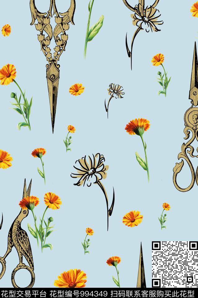 手绘花卉复古剪刀数码印花华亿平台下载（图片编号: 994349） - 瓦栏（Walan）