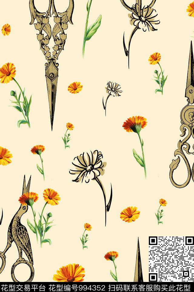 手绘花卉复古剪刀数码印花华亿平台下载（图片编号: 994352） - 瓦栏（Walan）