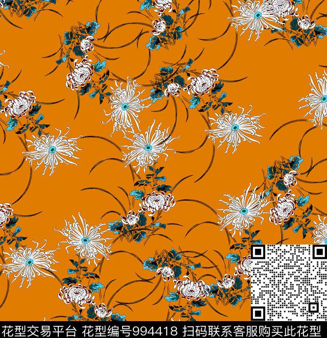 数码华亿平台彩底花卉菊花数码印花华亿平台下载（图片编号: 994418） - 瓦栏（Walan）