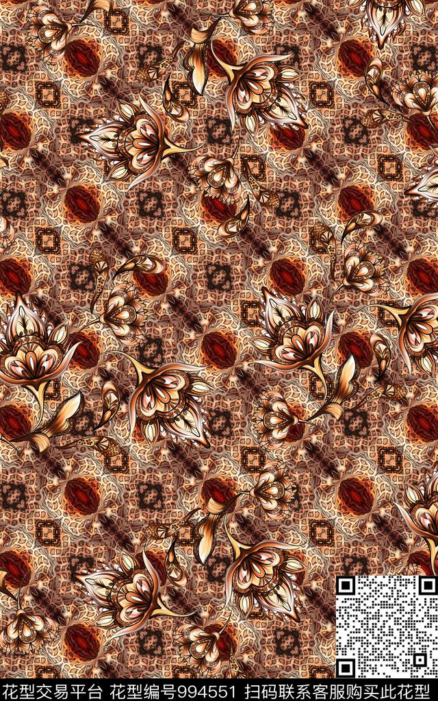 民族风抽象花卉数码印花华亿平台下载（图片编号: 994551） - 瓦栏（Walan）