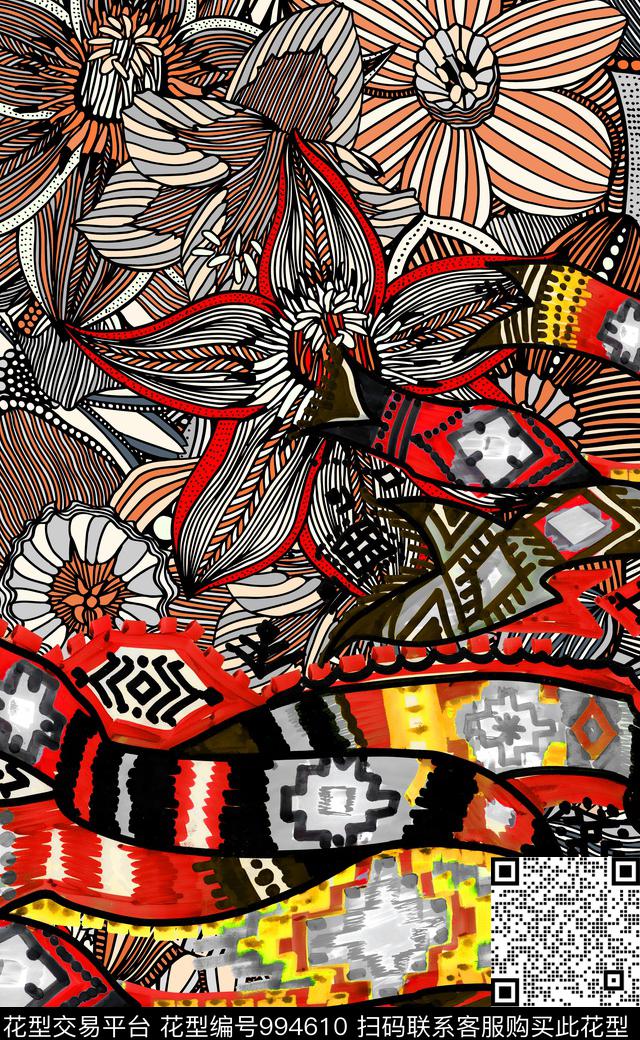 数码华亿平台民族花卉民族风数码印花华亿平台下载（图片编号: 994610） - 瓦栏（Walan）