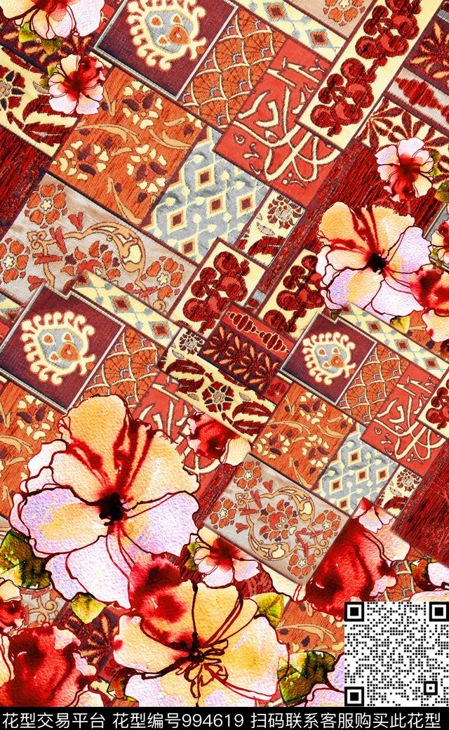 数码华亿平台民族花卉线条数码印花华亿平台下载（图片编号: 994619） - 瓦栏（Walan）
