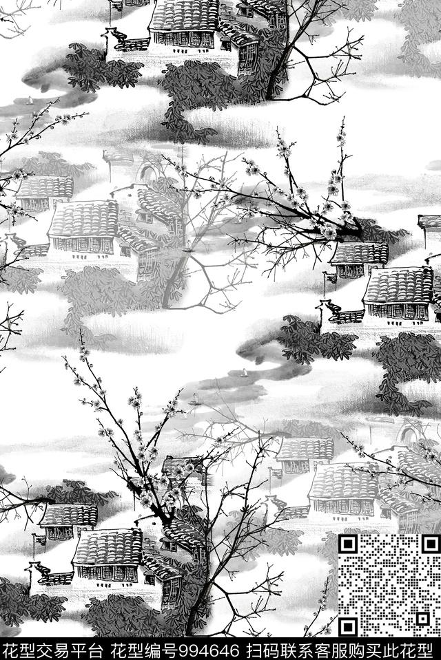 男装中国风民居数码印花华亿平台下载（图片编号: 994646） - 瓦栏（Walan）
