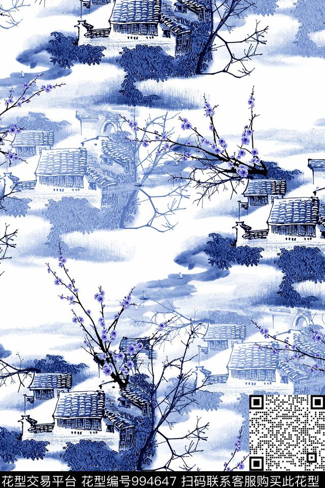 男装中国风民居数码印花华亿平台下载（图片编号: 994647） - 瓦栏（Walan）