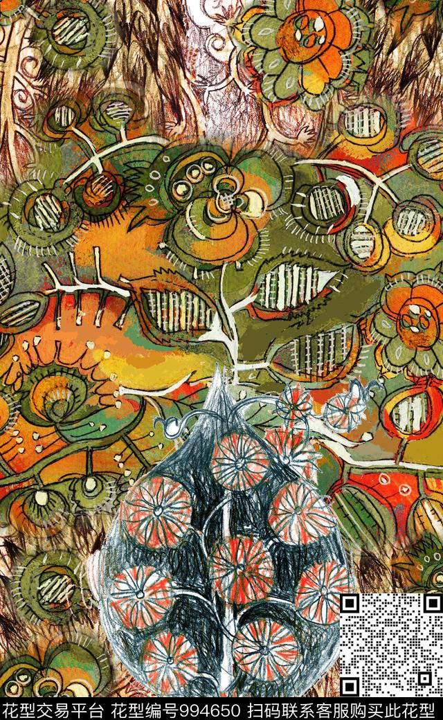 数码华亿平台民族花卉线条数码印花华亿平台下载（图片编号: 994650） - 瓦栏（Walan）
