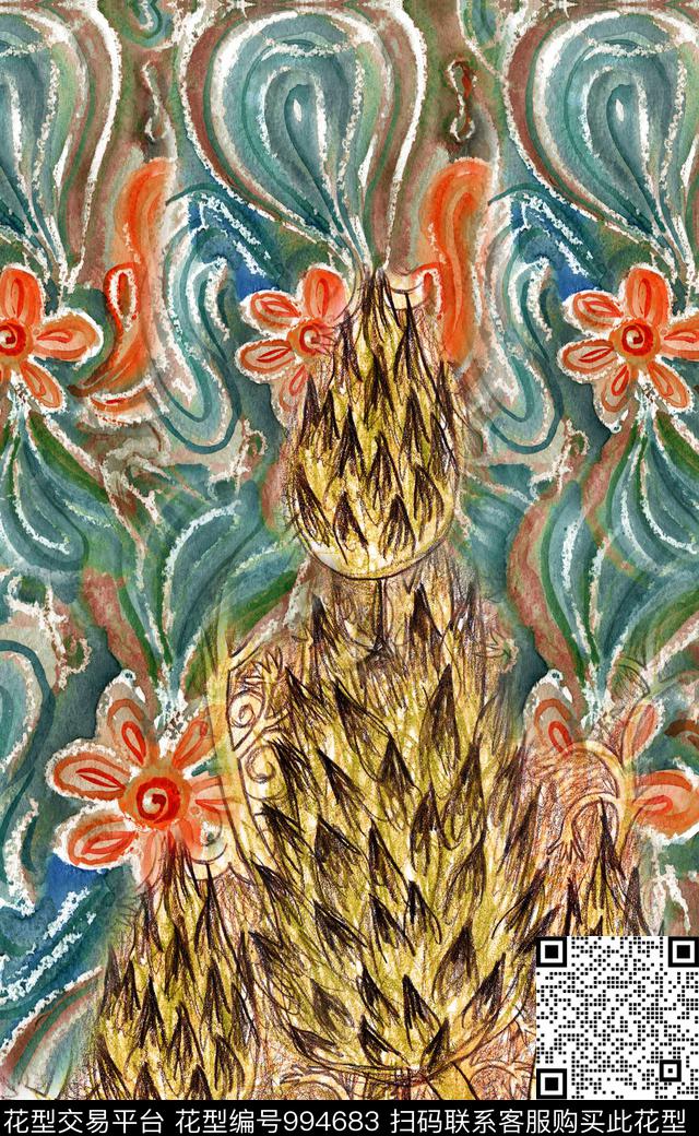 数码华亿平台民族花卉线条数码印花华亿平台下载（图片编号: 994683） - 瓦栏（Walan）