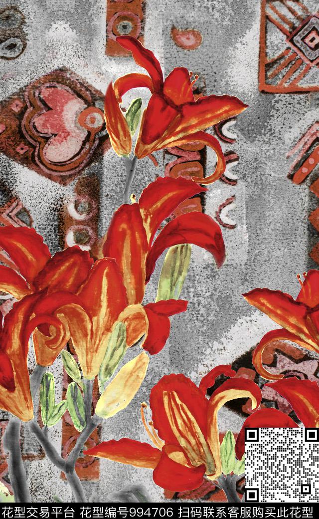 数码华亿平台民族花卉肌理数码印花华亿平台下载（图片编号: 994706） - 瓦栏（Walan）