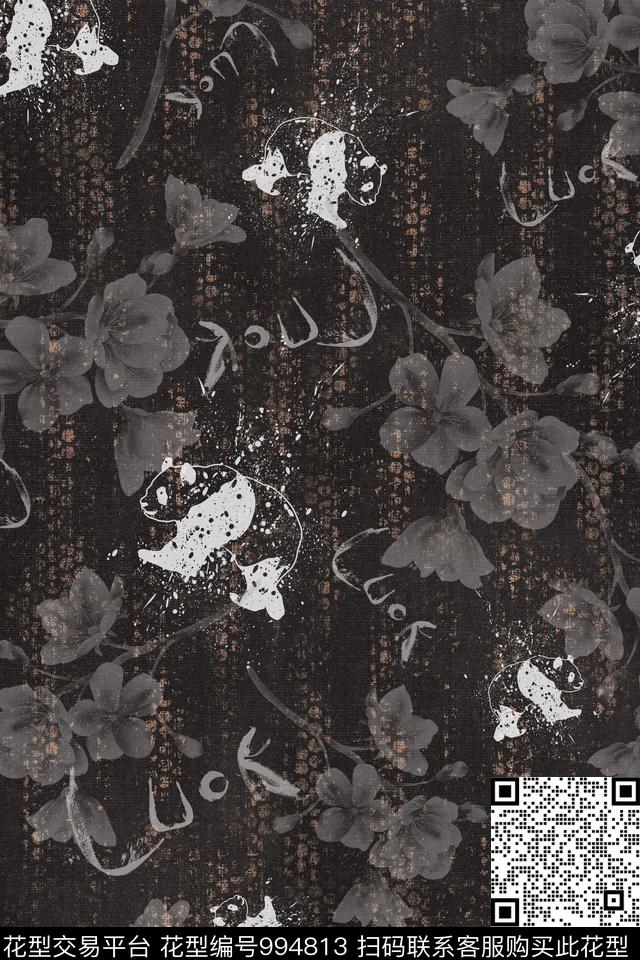 黑底花卉字母男装数码印花华亿平台下载（图片编号: 994813） - 瓦栏（Walan）