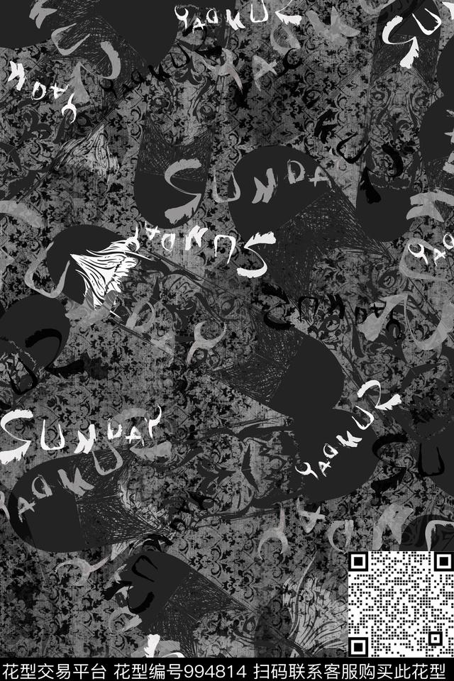 黑底花卉字母男装数码印花华亿平台下载（图片编号: 994814） - 瓦栏（Walan）