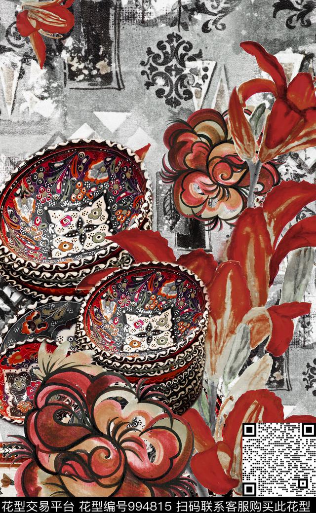 数码华亿平台民族花卉线条数码印花华亿平台下载（图片编号: 994815） - 瓦栏（Walan）