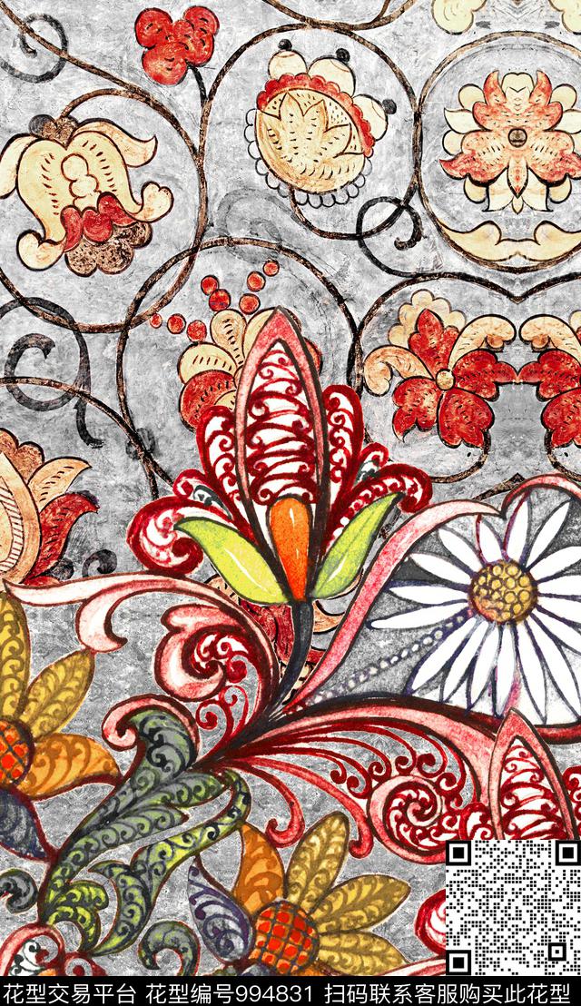 数码华亿平台民族花卉民族风数码印花华亿平台下载（图片编号: 994831） - 瓦栏（Walan）