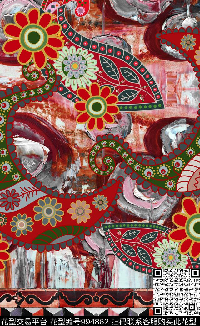数码华亿平台民族花卉线条数码印花华亿平台下载（图片编号: 994862） - 瓦栏（Walan）