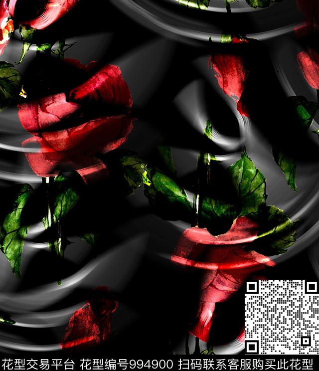 黑底花卉大花花卉数码印花华亿平台下载（图片编号: 994900） - 瓦栏（Walan）