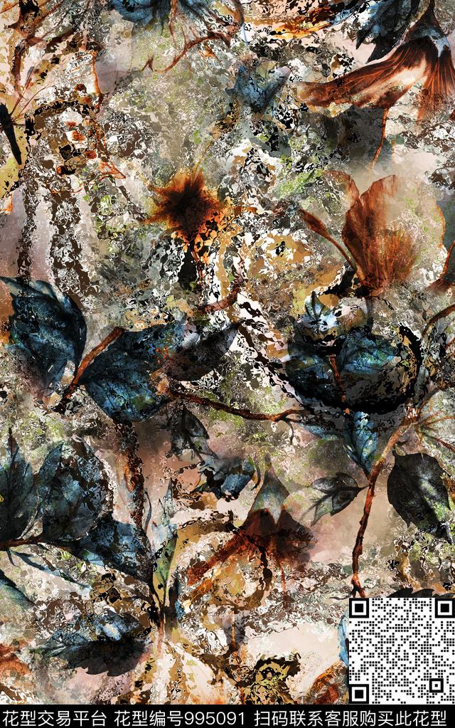 民族风抽象花卉数码印花华亿平台下载（图片编号: 995091） - 瓦栏（Walan）