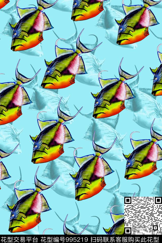 趣味动物鱼类数码印花华亿平台下载（图片编号: 995219） - 瓦栏（Walan）