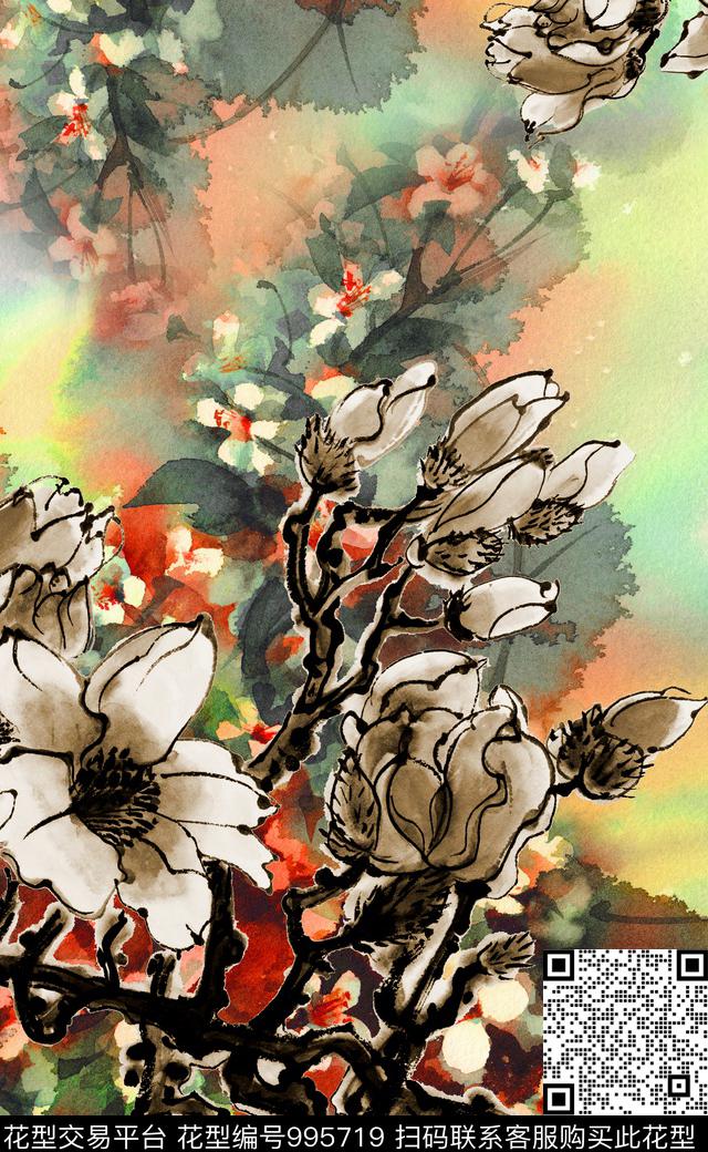 定位花中老年水墨风数码印花华亿平台下载（图片编号: 995719） - 瓦栏（Walan）