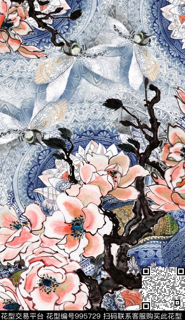 定位花中老年水墨风数码印花华亿平台下载（图片编号: 995729） - 瓦栏（Walan）