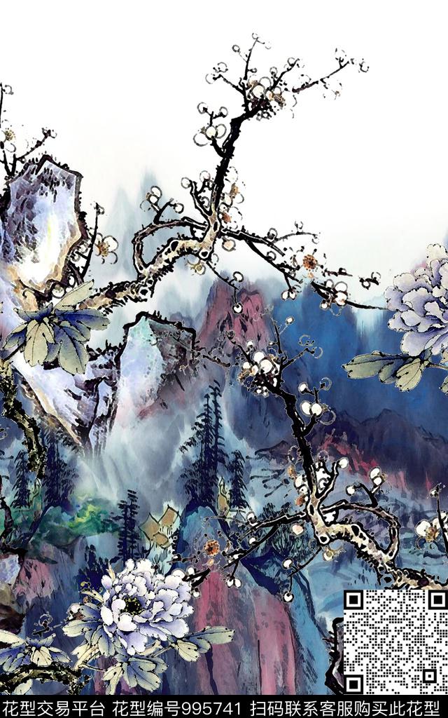 女装水墨风中国风定位花数码印花华亿平台下载（图片编号: 995741） - 瓦栏（Walan）