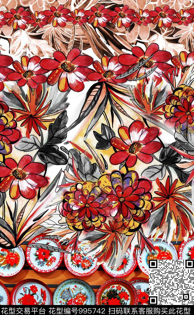 数码华亿平台民族风定位花数码印花华亿平台下载（图片编号: 995742） - 瓦栏（Walan）