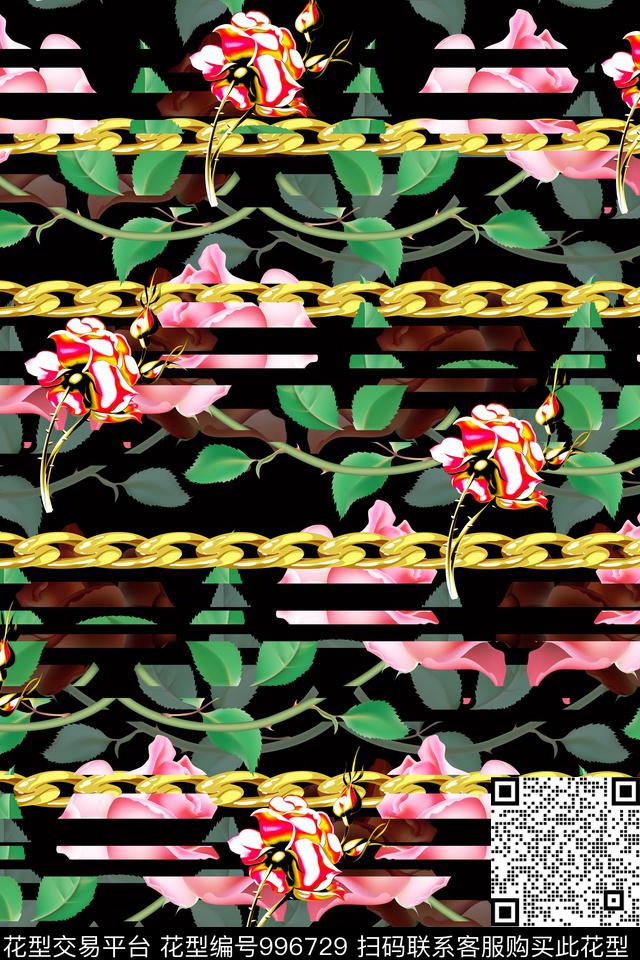 解构花卉玫瑰花链条数码印花华亿平台下载（图片编号: 996729） - 瓦栏（Walan）