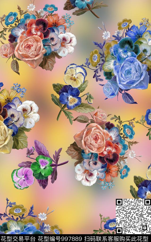 彩底花卉玫瑰花数码印花华亿平台下载（图片编号: 997889） - 瓦栏（Walan）