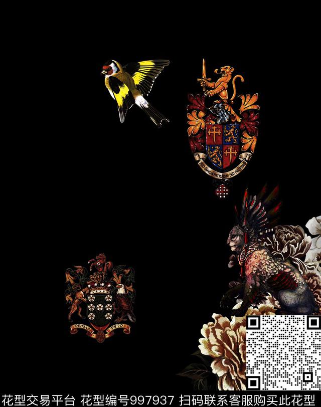 鸟牡丹徽章数码印花华亿平台下载（图片编号: 997937） - 瓦栏（Walan）