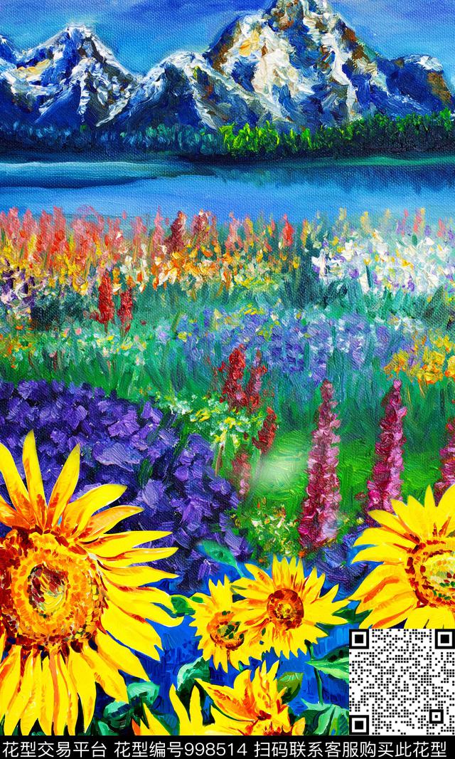 向日葵风景景观油画数码印花华亿平台下载（图片编号: 998514） - 瓦栏（Walan）