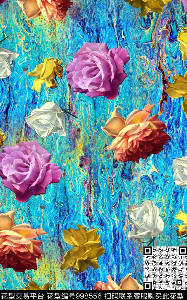 彩底花卉玫瑰花牡丹数码印花华亿平台下载（图片编号: 998556） - 瓦栏（Walan）