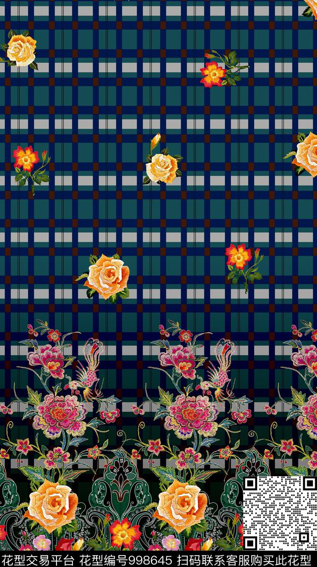 格子刺绣花卉女装定位花数码印花华亿平台下载（图片编号: 998645） - 瓦栏（Walan）