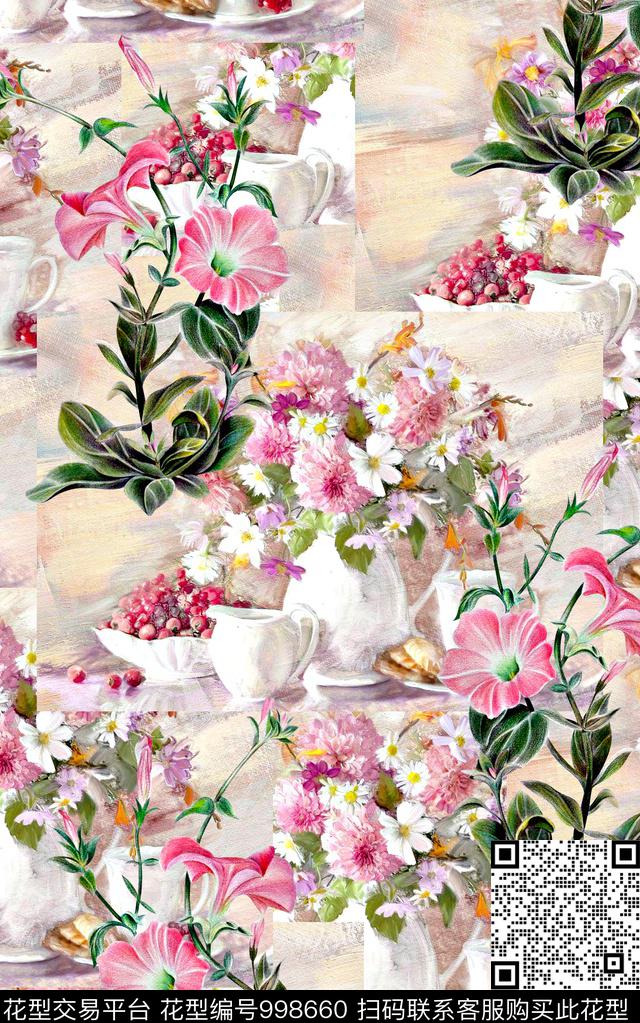 手绘花卉香云纱数码印花华亿平台下载（图片编号: 998660） - 瓦栏（Walan）