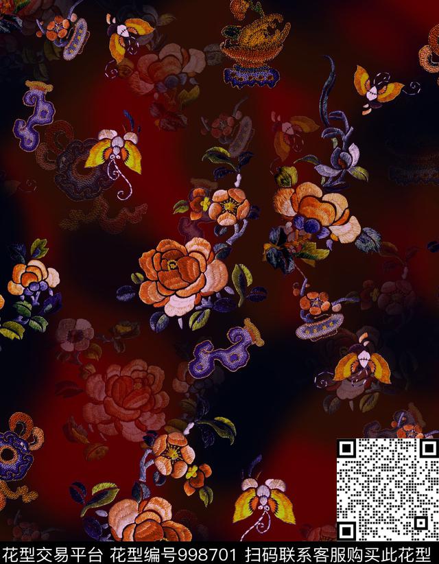 花卉绣花华亿平台香云纱数码印花华亿平台下载（图片编号: 998701） - 瓦栏（Walan）