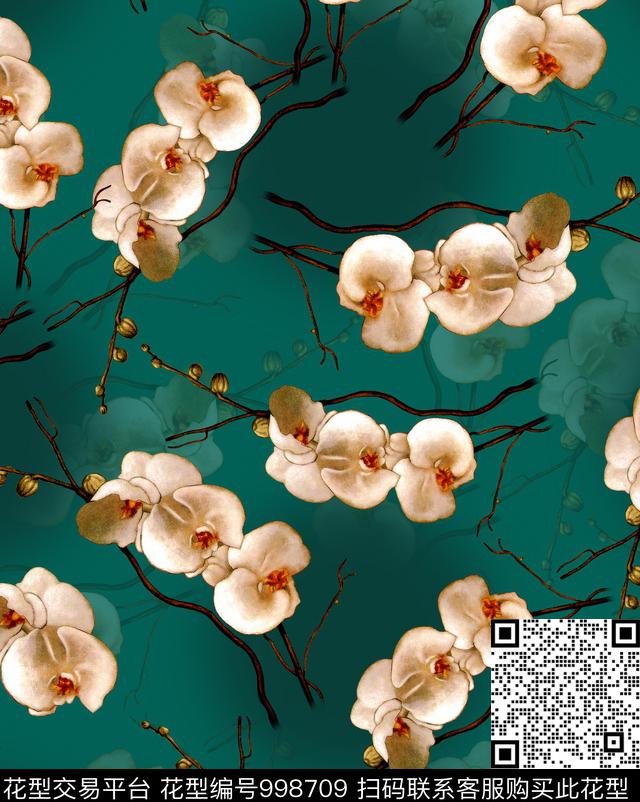花卉香云纱蝴蝶兰数码印花华亿平台下载（图片编号: 998709） - 瓦栏（Walan）