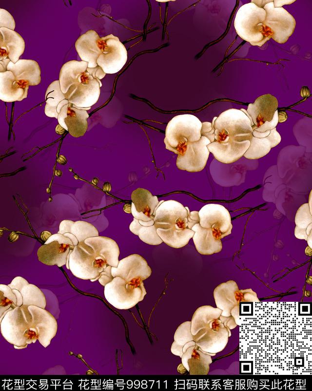 花卉香云纱蝴蝶兰数码印花华亿平台下载（图片编号: 998711） - 瓦栏（Walan）