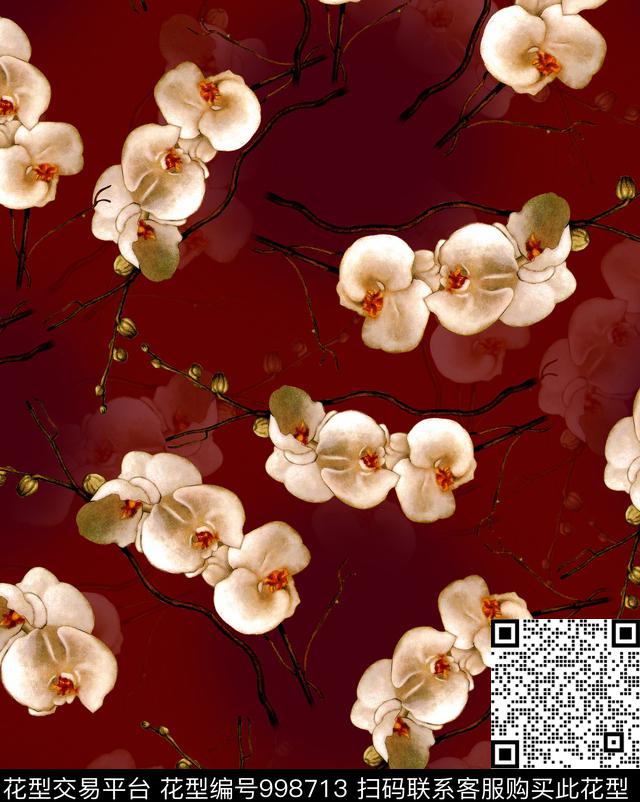 花卉香云纱蝴蝶兰数码印花华亿平台下载（图片编号: 998713） - 瓦栏（Walan）
