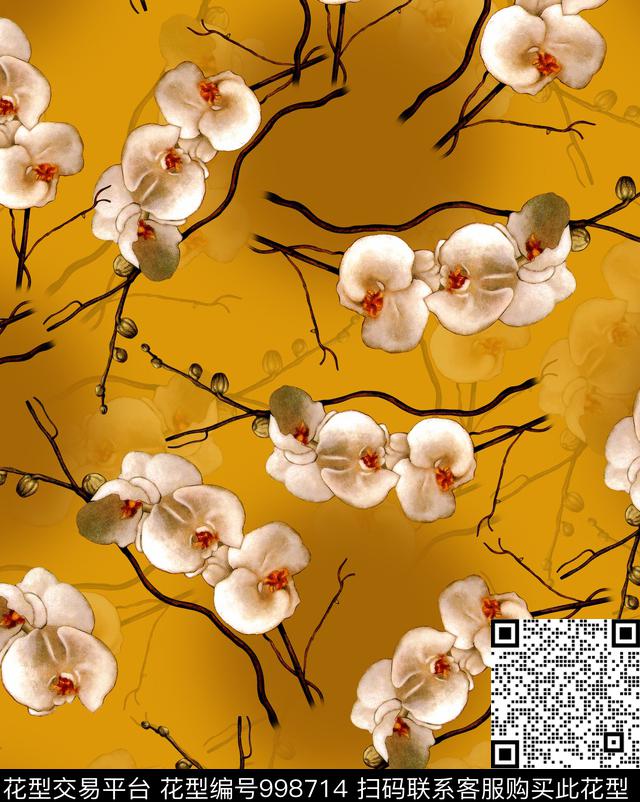 花卉香云纱蝴蝶兰数码印花华亿平台下载（图片编号: 998714） - 瓦栏（Walan）
