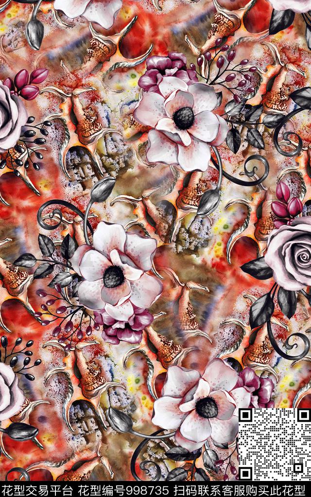 民族风抽象花卉数码印花华亿平台下载（图片编号: 998735） - 瓦栏（Walan）