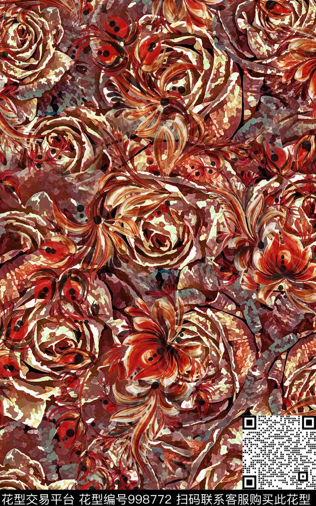 民族风抽象花卉数码印花华亿平台下载（图片编号: 998772） - 瓦栏（Walan）
