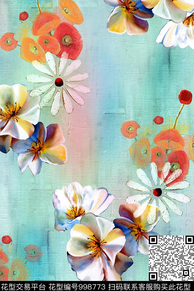 花卉年轻女性手绘花卉数码印花华亿平台下载（图片编号: 998773） - 瓦栏（Walan）